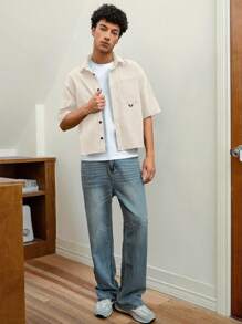 SWAVVY Áo sơ mi nam tay ngắn dệt rộng rãi, thời trang và trẻ trung, đi học - Màu be - Xem 3