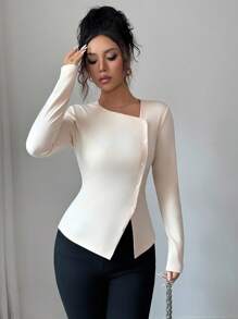 Elenzga Women's Asymmetric Collar Button Design Ruched Long Sleeve T-Shirt Fall Cloth For Women - Apricot - View 3