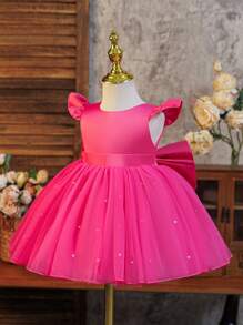 SHEIN Glamorique Kids 圣诞节/万圣节派对穿公主裙，适合女孩，白色缎面盖袖，荷叶边珍珠网眼裙，可拆卸缎面蝴蝶结后背，适合生日、婚礼、舞台表演、派对、正式场合 - 玫紅色 - 查看 3