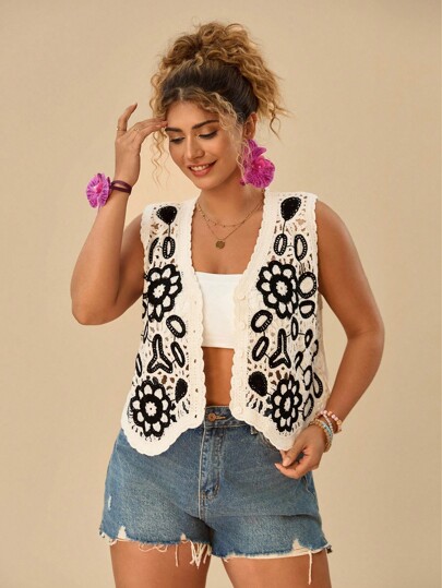 Travachic Plus Size Women Contrast Color Floral Embroidered Sleeveless Casual Sweater Vest