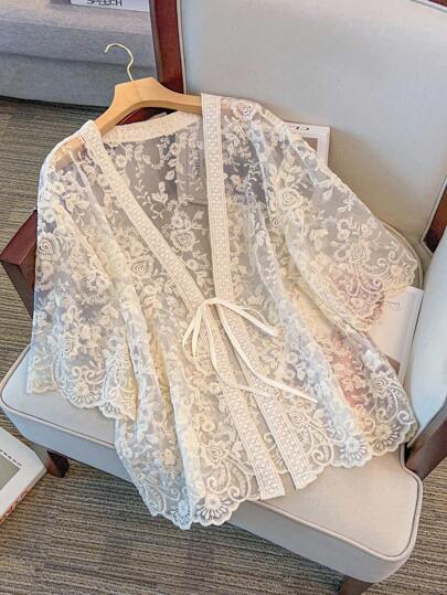 GlowEve CURVE Plus Size Women V-Neck Tie-Up Sheer Vacation Blouse, Half Sleeve Openwork Embroidered Cardigan Outerwear