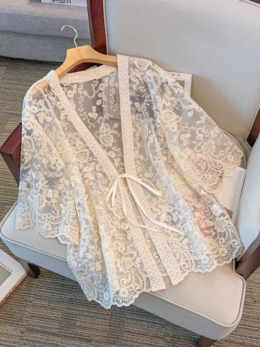 GlowEve CURVE Plus Size Women V-Neck Tie-Up Sheer Vacation Blouse, Half Sleeve Openwork Embroidered Cardigan Outerwear - Apricot - View 1