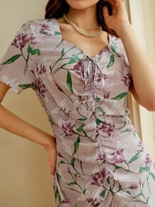 Omancia 秋季女式印花褶皱修身优雅浪漫连衣裙，适合休闲、度假、返校、感恩节、春夏季 - 彩色 - 查看 5