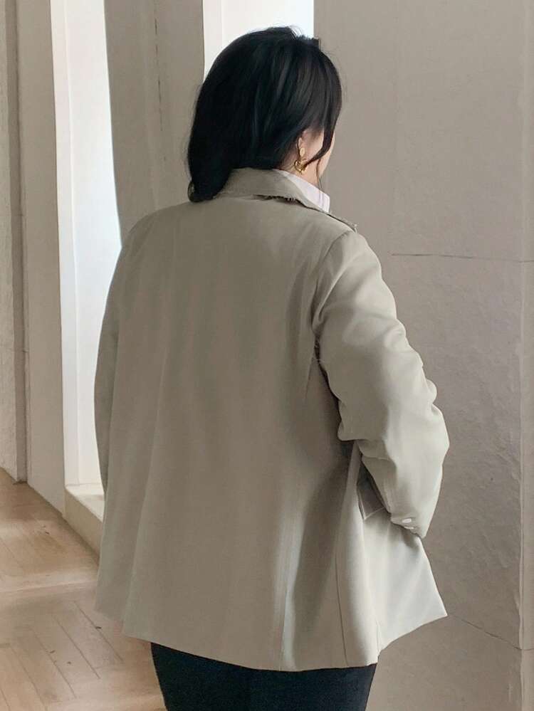 Dazy Plus Plus Size Women Casual/Business Blazer With Lapel Collar, Loose Straight Fit, Long Sleeve, Contrast Trim & Button Decor