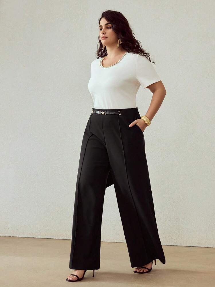 PLUS SIZE SOLID BUCKLE WAIST SLANT POCKET SEAM FRONT WIDE LEG SUIT PANTS