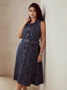 MOTF PREMIUM 加大提花无袖牛仔连衣裙 - 藍色 - 查看 6