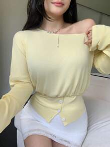 SHEIN LUNE New Casual Slouchy Asymmetrical Shoulder Long Sleeve T-Shirt Fall Cloth For Women - Yellow - View 1