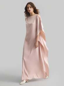 Ontre 女式新款优雅斗篷斗篷船领粉色缎面喇叭裙连衣裙，春夏