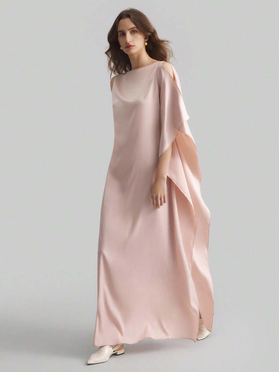 Ontre 女式新款优雅斗篷斗篷船领粉色缎面喇叭裙连衣裙，春夏