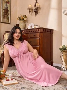 Plus Size Elegant Lace Patchwork Loose Casual French Style Nightgown - Pink - View 6