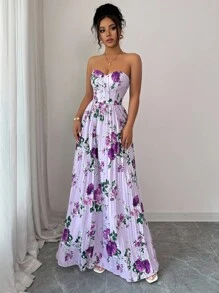 Selianne 女士优雅浪漫花卉印花褶饰腰部 A 字形吊带背心连衣裙 - 彩色 - 查看 3