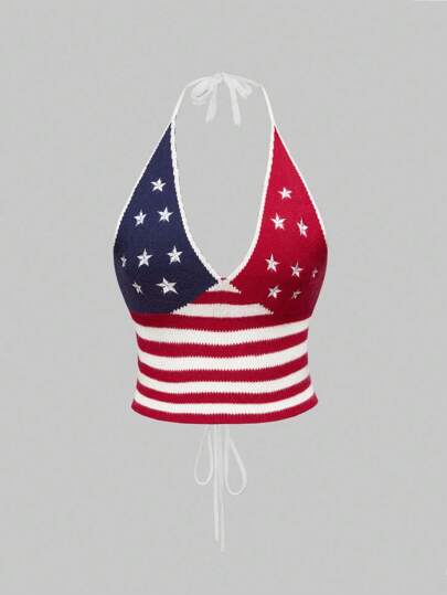 J-Fashion Women's Y2K Retro Independence Day American Flag Star Jacquard Striped Plus Size Halter Knit Top