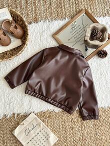 SHEIN 男婴幼儿新生儿 0-3 岁休闲日常时尚街头 PU 皮革摩托车夹克，适合男婴的酷炫外套，秋冬 - 棕色 - 查看 2