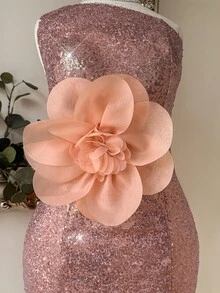 SHEIN Belle Elegant Champagne Pink Fine Sequined One-Shoulder Bodycon Dress,Gorgeous Oversized Stereo Floral Decor Wedding Guest Party Bachelorette Prom Cocktail - Champagne - View 2