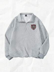 SHEIN Attitoon Sudadera con capucha de forro polar de cuello alto con media cremallera, ajuste holgado, con bordado de escudo minimalista casual, adecuada para otoño/invierno, vuelta al colegio, estilo universitario, uniforme escolar - Gris - Ver 2