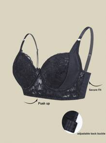 SHEIN Women's Sexy Lace Underwire Push-Up Bra - Black - View 4