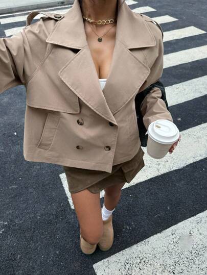 Muchica Fall Clothes Back To School  Casual Women's Khaki Woven Long Sleeve Trench Coat
