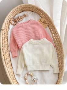 SHEIN 2pcs Newborn Baby Girl Cute Versatile Solid Color Long Sleeve Sweater, Autumn/Winter Fall