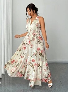 Elenzga 大码女式优雅浪漫碎花 V 领长裙 - 彩色 - 查看 3