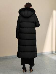CLARA VERO Fashionable Elegant Solid Color Faux Fur Hooded Long Coat, Versatile For Winter Long Winter Coat Women Women's Winter Coats Everyday Going Out Black - Black - View 2