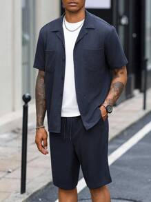 Manfinity Homme Men's Solid Color Lapel NeckShort Sleeve Shirt And Shorts Casual Suit - Apricot - View 1