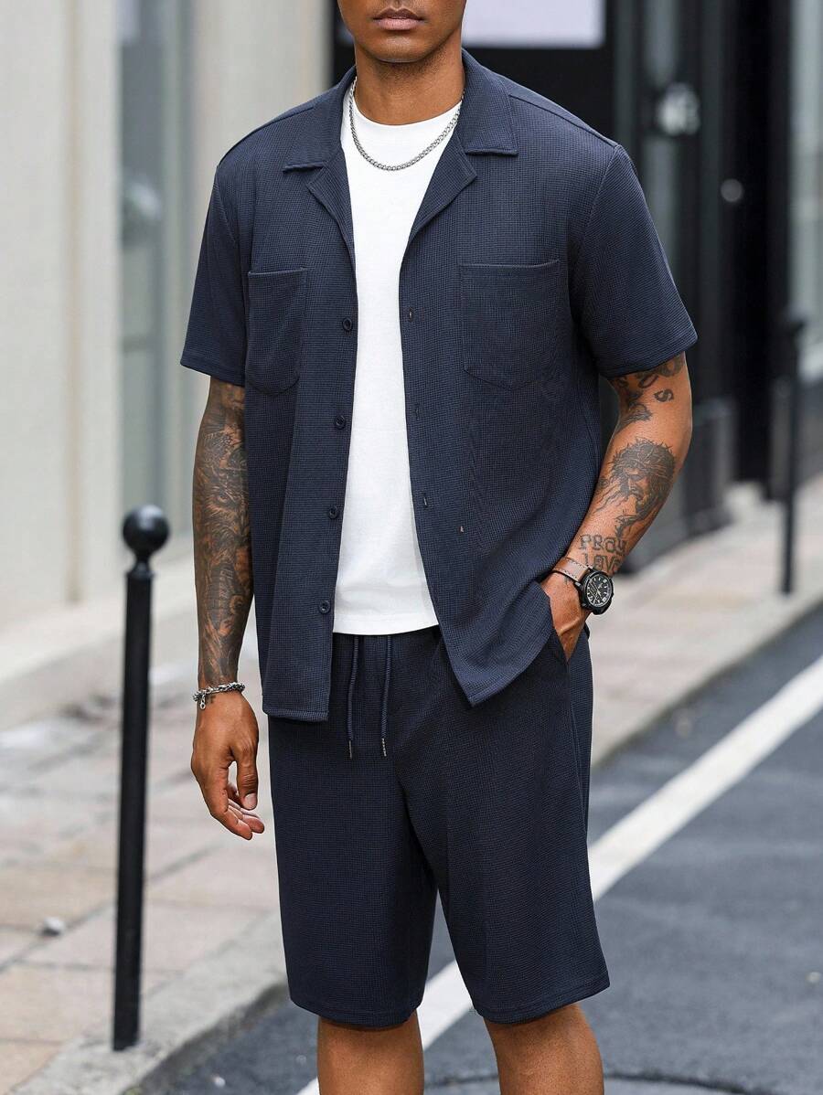 Manfinity Homme Men's Solid Color Lapel NeckShort Sleeve Shirt And Shorts Casual Suit - Apricot - View 1