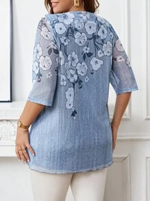 EMERY ROSE 大码女式休闲印花短袖衬衫，秋季大码，秋季上衣，教师大码，外出，飘逸上衣 - 彩色 - 查看 2