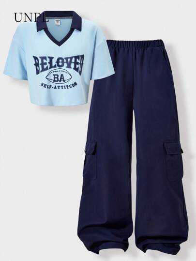 SHEIN Explorewe 1 套青少年女孩复古针织短袖衬衫和工装裤套装，休闲搭配服装，新品上市