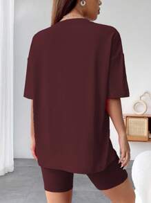 Gowayae Gowayae 2pcs Set Letter Print Crew Neck Short Sleeve T-Shirt And Shorts, Casual - Red Violet - View 2