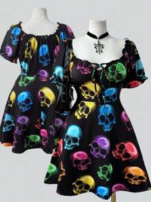 Sunspun Plus Size Women Rave Halloween Skull Graphic Short Sleeve Mini Dress - Multicolor - View 8