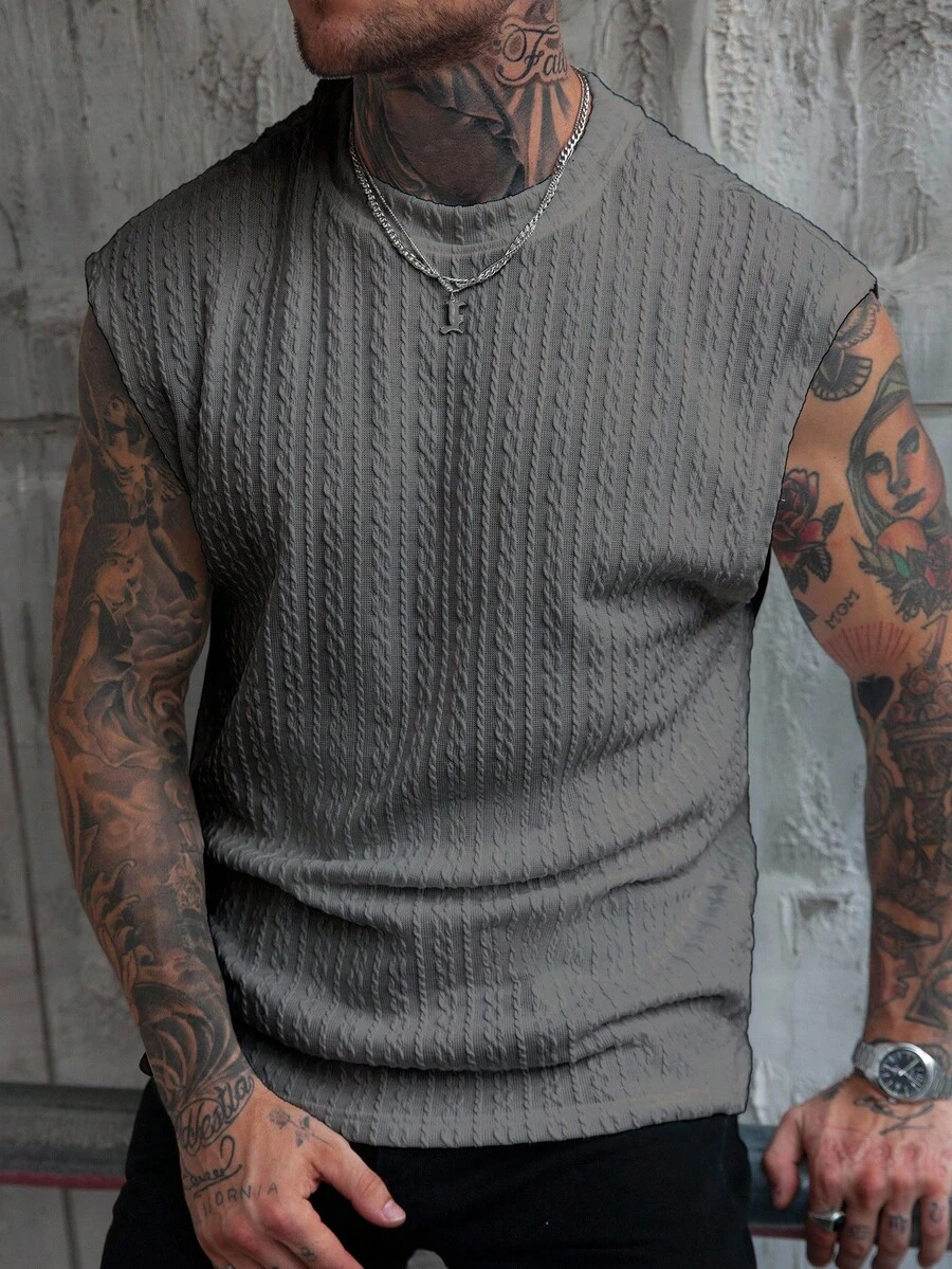 Manfinity CasualCool Men's Simple Solid Color Textured Wide Shoulder Tank Top, Perfect For Beach Trips In Summer - Grey - View 1