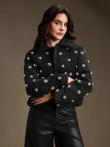 Anewsta 女式短款修身优雅厚重铆钉领黑色冬季外套 - 黑色 - 查看 6