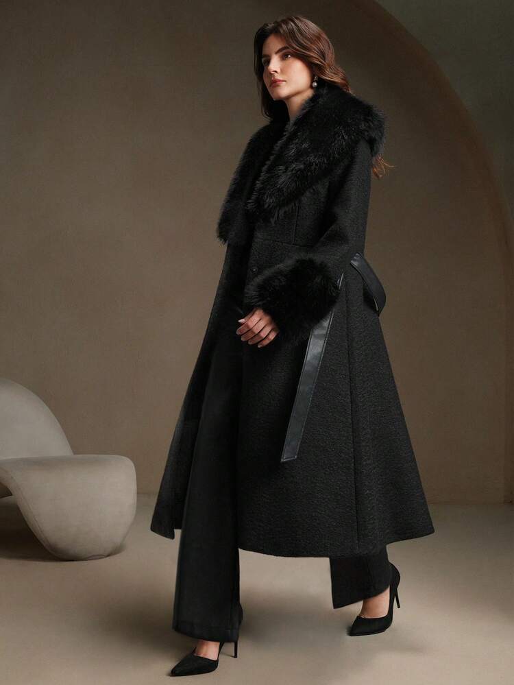 Elegante abrigo exterior de cintura media con patrón ondulado negro adelgazante, adecuado para otoño/invierno, Navidad, Año Nuevo, fiesta, elegante, lujoso, formal, chic