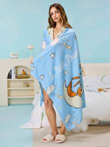 LE PETIT PRINCE X SHEIN 1pc Thickened Flannel Blanket With Fox, Star And Moon Patterns In Blue, For Bed And Sofa - Blue - View 6