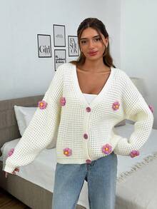 EURMUSE Women's Casual Drooped Shoulder Loose Hand Embroidered Floral Knit Cardigan - Beige - View 3