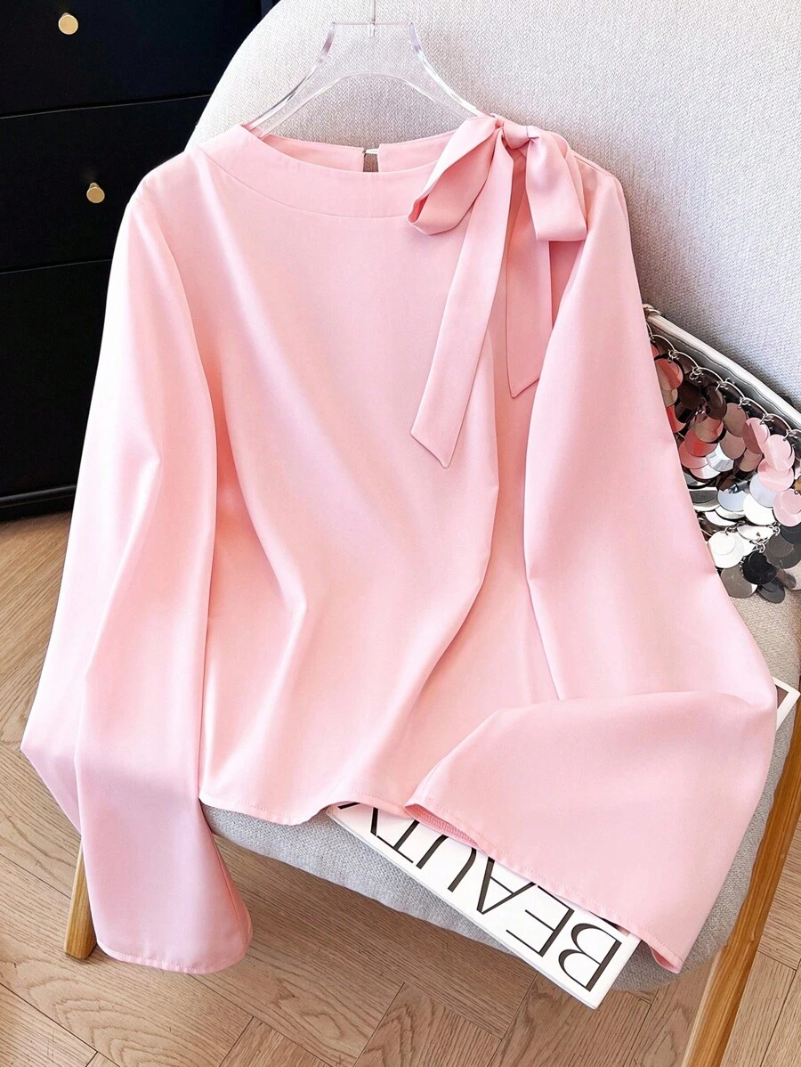 Franclia Tie Bow Casual & Commute Minimalist Vacation Style Women Blouse Fall Cloth For Women - Pink - View 1