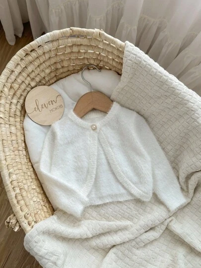 Baby Girl Cute Solid Color Fluffy Knitted Short Cardigan, Autumn/Winter