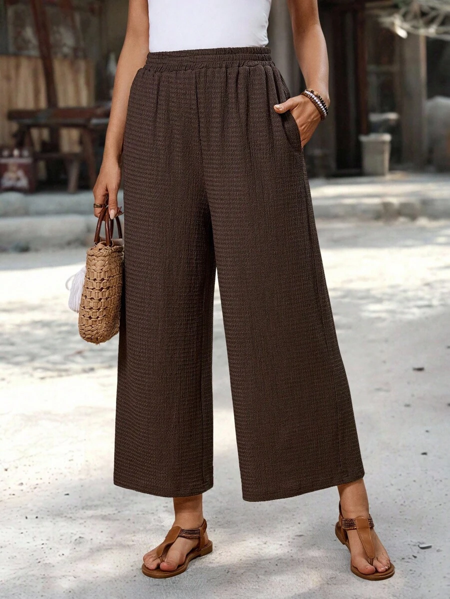 EMERY ROSE Women's Solid Color Casual Loose Fit Pants Brown Wide Leg Pants Women Wide Leg Pants Wide Leg Summer Pants Palazzo Pants Brown Pants Pants For Women Baggy Pants Back To School Clothes - Coffee Brown - View 1