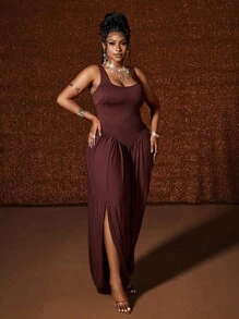 Maweii Plus Size Women's Solid Color Square Neck Ruched Slit Hem Casual Sleeveless Dress - Brown - View 5