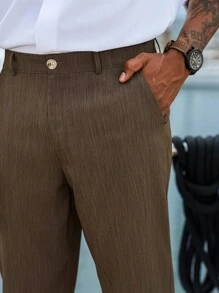 Manfinity Homme Calças de bolso simples de cor sólida casual masculina, outono - Castanho Café - Ver 3