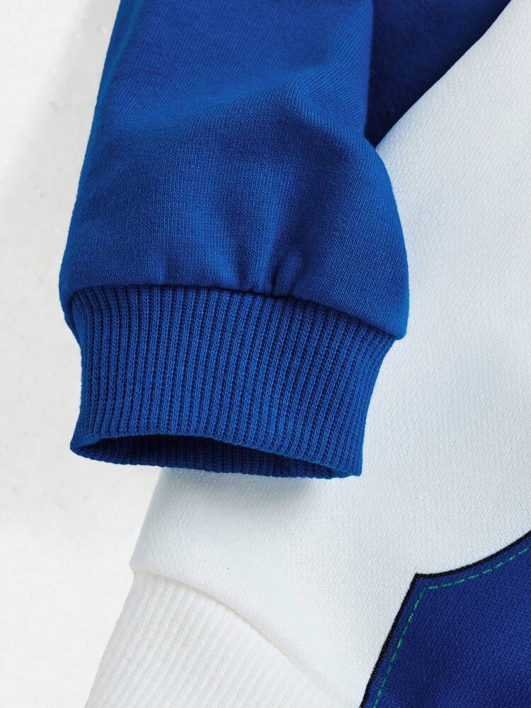 TOM & JERRY X SHEIN 男婴卡通图案口袋印花拼色连帽卫衣，适合春秋冬 - 藍色 - 查看 4