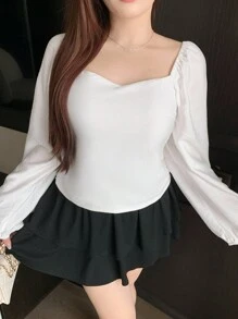 Dazy Plus Áo kiểu nữ cỡ lớn màu trơn, cổ bẻ, tay phồng, lưng hở, nơ, tay dài, màu trắng, thích hợp cho kỳ nghỉ. - trắng - Xem 6