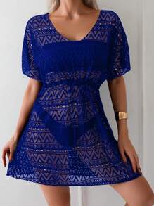 SHEIN Swim Women's Solid Color Hollow Out Sheer Beach Cover Up For Summer Beach Vacation - Royal Blue - View 3