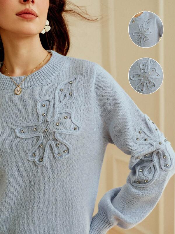 Penseblé Women's Casual Rhinestone Embroidered Crew Neck Knit Sweater, Fashionable For Thanksgiving, Autumn/Winter Fall Cloth For Women