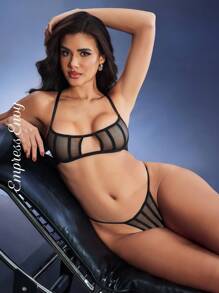 EmpressEnvy Women's Contrast Mesh Bra & Panty Lingerie Set - Black - View 5