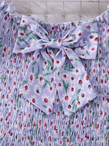 女童花卉印花蝴蝶结装饰短袖连衣裙