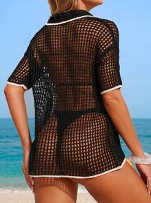 Swim Vcay Suéter de punto informal tipo cubrecosturas con diseño bordado de estrella de mar, estilo vacacional y de playa para mujer. Kimono transparente con recorte en bloques de color, cuello, para natación y vacaciones