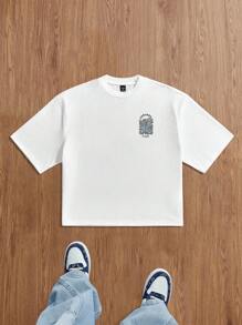 Manfinity Joysei 标准尺码男士休闲波浪纹白色短款T恤，男士露脐上衣，适合夏季穿着 - 白色 - 查看 2