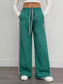 SHEIN Tall Quần sọc tương phản thường ngày dành cho nữ - màu xanh lá - Xem 3