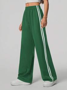 SHEIN Tall 休閒白色側條紋長褲 素色時尚綠色運動褲 秋季 高個女性適用 - 綠色 - 查看 7